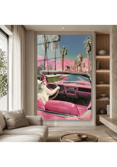 Pembe Arabayı Süren Kedi Çerçevesiz Cam Tablo