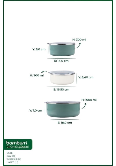 Bambum Lumino 3 Lü Emaye Saklama Kabı Yeşil B7691 300+700+1000ml