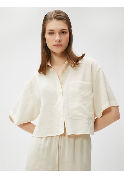 Koton Oversize Crop Gömlek Cepli Kısa Kollu Modal Karışımlı Bej 3sak60007pw Ekru