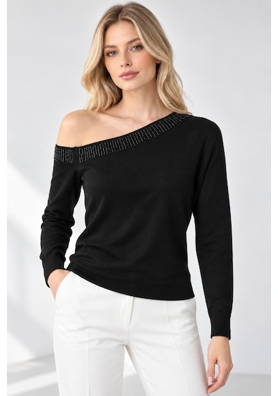 Bihan Store Kadın Triko Sandık Yaka Boncuk İşlemeli Bluz W27-2916-siyah