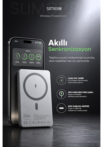 Simex İphone Uyumlu 5000mah Magsafe 20w Kablosuz Powerbank Şarj Cihazı Taşınabilir 17 16 15 14 13 12 P Max Standart