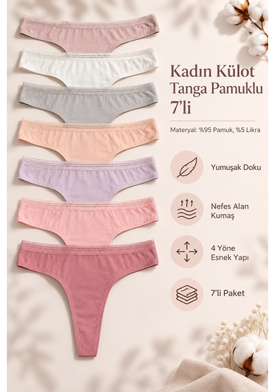 Nicoletta Kadın Külot Tanga String 7 Li Paket Likralı Pamuklu 798148 Çok Renkli