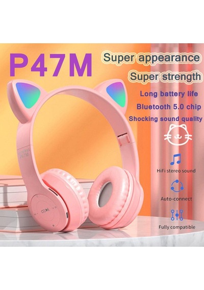 P47m Kulaklık Bluetooth Kulaklık Kulaklık Kablosuz Kedi Kulak Gürültü Önleyici Kulaklıklar Stereo Katlanabilir Spor Kulaklık Mikrofonlu Kulaklık