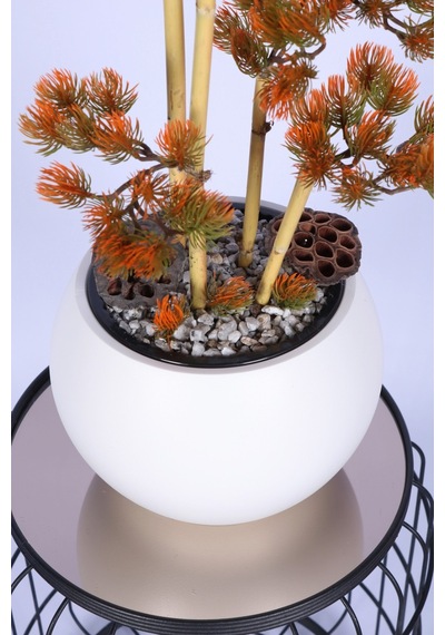 Yapay Çiçek Sitesi Beyaz Küre Saksıda Modern Minimal Tasarım Yapay Bonsai Ağacı Turuncu 65 Cm Turuncu