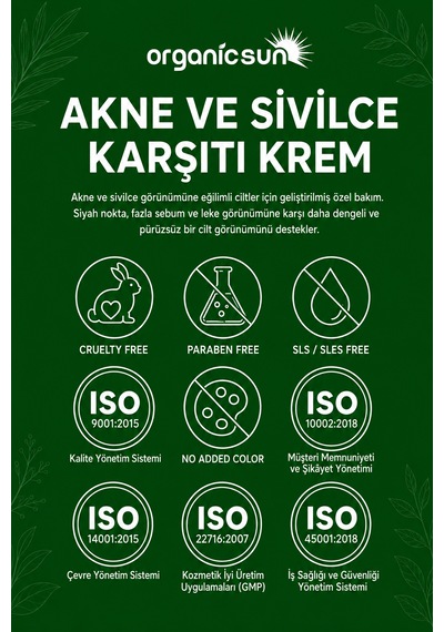 Organicsun Çay Ağacı Ve Propolisli Akne Ve Sivilce Karşıtı Cilt Bakım Kremi Siyah Nokta Ve Leke Görünümü Bakımı 50 Ml