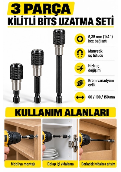 3 Parça Kilitli Manyetik Bits Uç Uzatma Seti 60 / 100 / 150 Mm