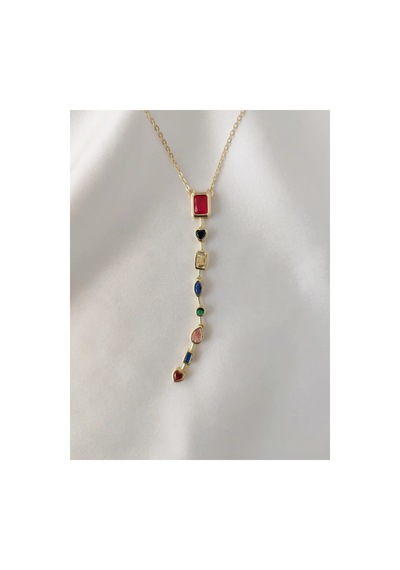 Lunarie Çok Renkli Taşlı Vintage Y Kolye 14k Gold Farklı Kesim Altın