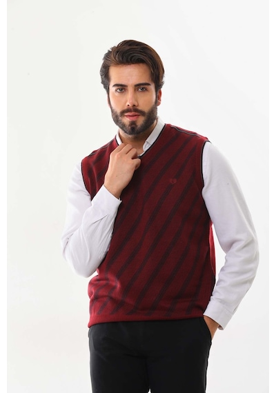 Pelikan Erkek Çizgili V Yaka Süveter 9625 Kiremit