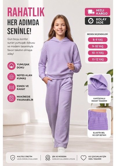 New Kids Kız Takım Çocuk Kapşonlu Uzun Kol Lila Detaylı Kız Takım -91233