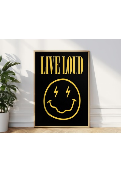 Live Loud Duvar Sanatı Yazdırılabilir Gülen Yüz Posteri Müziksever Duvar Sanatı Sarı Siyah Baskı Pozitif Alıntı Posteri Retro Müzik Dekorasyonu Gençler İçin