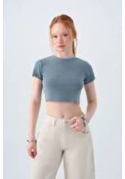 Kadın Crop T-shirt Lf2038433 Gri