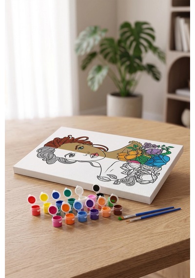 Çiçekli Kadın Portresi Mandala Ahşap Boyama Seti 40x50 Cm