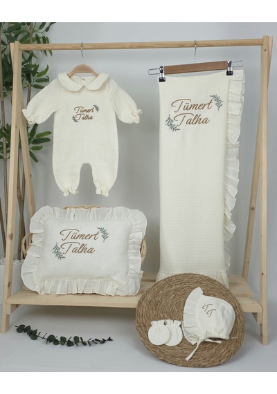 Gros Shop Müslin Yeni Doğan 4katlı Organik %100pamuk Kişiye Özgü Nakışlı Hastane Çıkış Seti İki Dallı Model-2 Ekru-2