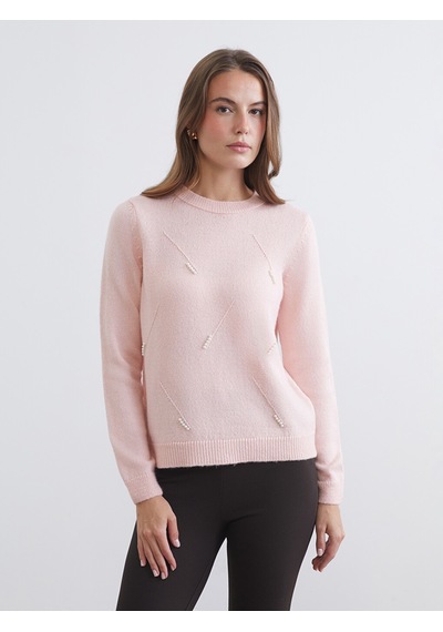 Lcw Comfort Pembe Bisiklet Yaka İnci İşlemeli Kadın Triko Kazak