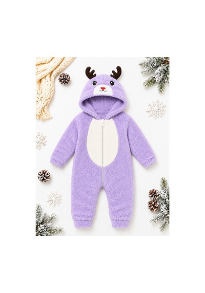 Tatlı Geyik Desenli Welsoft Bebek Tulumu Kapüşonlu Peluş Fermuarlı Kışlık Unisex Bebek Tulumu Mor