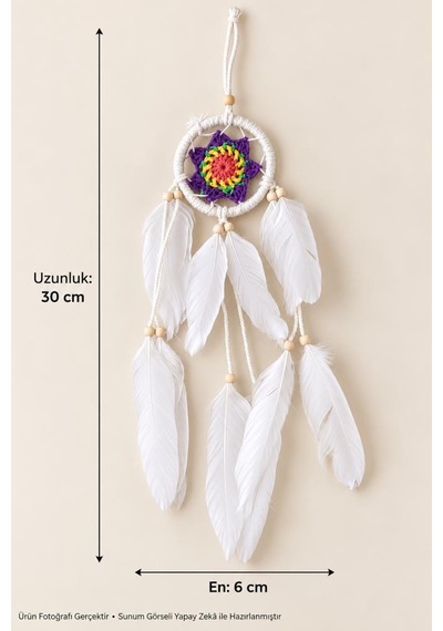 Araba Dikiz Ayna Süsü Renkli Örgü Detaylı Beyaz Tüylü Düş Kapanı Dreamcatcher Duvar Ve Oda Süsü