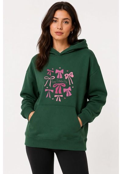 Herkesemoda Minik Kurdeleler Baskılı Kapüşonlu 2 İplik Şardonlu Sweatshirt Yeşil