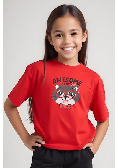 Fyk Kids Kız Çocuk Basic Awesome Boy Baskılı T-shirt Kırmızı