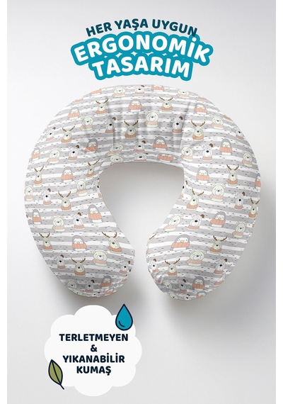 Sevimli Hayvan Figürlü Pamuklu Boyun Yastığı - Pastel Gri Turuncu Çizgili Seyahat Yastığı Soluk Kabak
