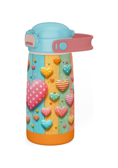 Puccon 420 Ml Kız Çocuklar İçin Paslanmaz Çelik Okul Matarası - 60014 - Kalp Desenli - Pastel Renkli Turkuaz - Pembe
