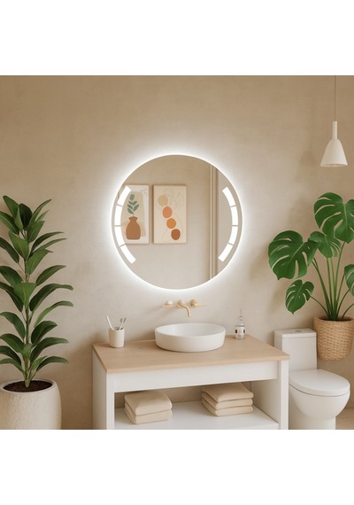 60x60 Cm Aurora Segment Led Segment Aydınlatmalı Yuvarlak Ayna Beyaz Işık 6500k Işık 6500k Beyaz