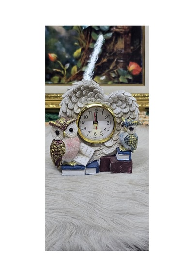 Melek Kanatlı Ve Baykuş Figürlü Dekoratif Masa Saati Ekru