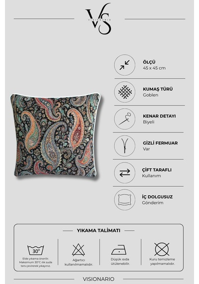 Desenli Goblen Dokuma Dekoratif Biye Kenarlı Kırlent Kılıfı Siyah