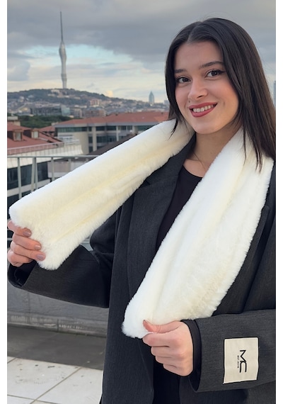 Mollycrush Peluş Yumuşak Soft Atkı Kışlık Suni Kürklü Beyaz Kadın Atkısı Beyaz