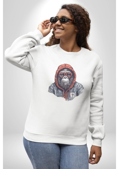 Kırmızı Gözlük Çeket Maymun Unisex Beyaz Baskılı Sweatshirt Beyaz