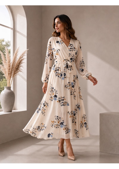 Bidesing Kadın Ekru Floral Desenli Uzun Kollu Şifon Maxi Elbise Ekru Mavi Bej
