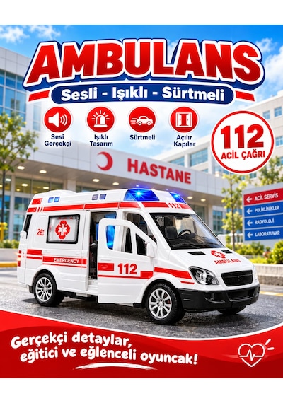 Oyuncak Metal Işıklı Sesli Çek Bırak Özellikli Ön Ve Arka Kapılar Açılır Ambulans-polis-itfaiye-askeri Jandarma Minibüsü 12 Cm Beyaz