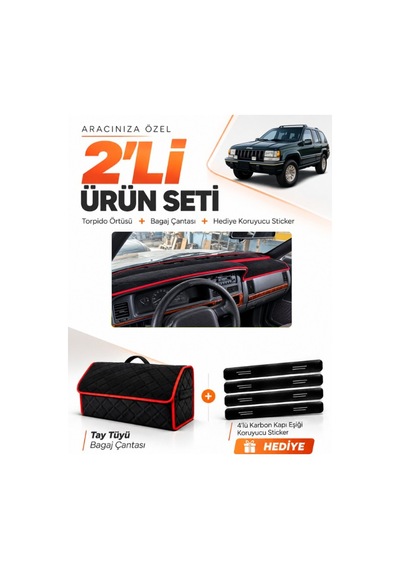 E-biz Jeep Grand Cherokee 1993-1998 Uyumlu Torpido Örtüsü + Tay Tüyü Çanta - Siyah-kırmızı - Je001