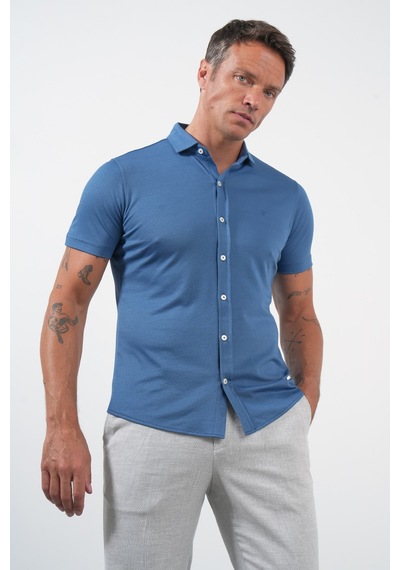 İmza İndigo İtalyan Yaka Kısa Kol Cepsiz Slim Fit Pamuklu Gömlek 1004260158 Koyu İndigo Mavi