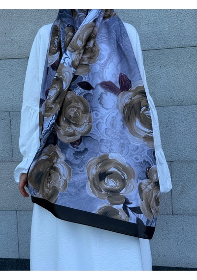Qalortex Scarf Pamuklu Rose Desen Şal- Siyah/gri Siyah-Gri