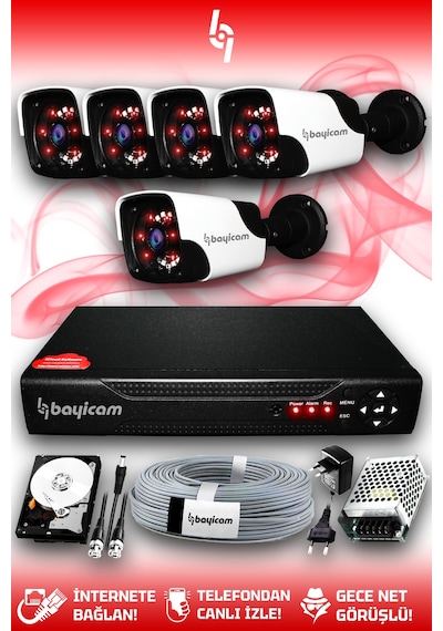 Bayicam 5 Kameralı Panda 5 Dış Kamera Set 2 TB HDD Full HD Gece Görüşlü Güvenlik Kamerası Sistemi