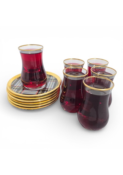 Sudedi Home Gerçek Altın Yaldızlı Gold Ekose 12 Parça Çay Seti Cam Bardak & Cam Tabak Özel Seri Çok renkli