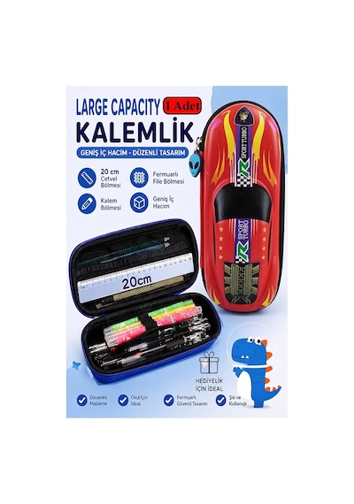 Araba Kabartmalı Bölmeli Kalemlik 1 Adet P-5953 Erkek Çocuk Okul Kalem Kutusu 3 Boyutlu Sevimli Karikatür Hediyelik Kırmızı