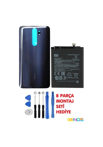 Xiaomi Redmi Note 8 Pro Uyumlu Cam Kapak Batarya Pil Kapağı Siyah + Pil Batarya Bm4j + Montaj Set