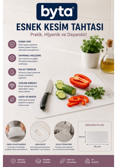 Esnek Kesim Tahtası Hijyenik Kaymaz Plastik Mutfak Kesme Panosu Beyaz