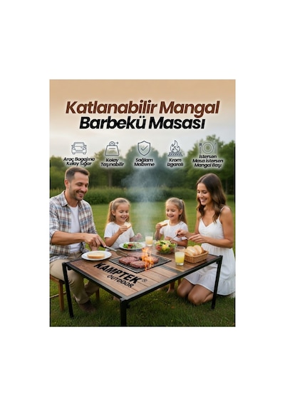 Taşınabilir Kamp Masası - Katlanır Ahşap Piknik Masası, Çıkarılabilir Mangal Izgara Kamp Ve Piknik Siyah