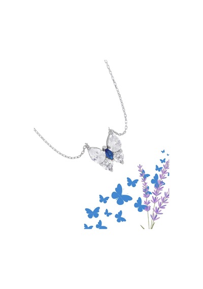 Brezza Lusso Jewelry Safir Işıltılı Diamond Sevgi Kelebeği Kadın Gümüş Kolye 42 CM 42 CM