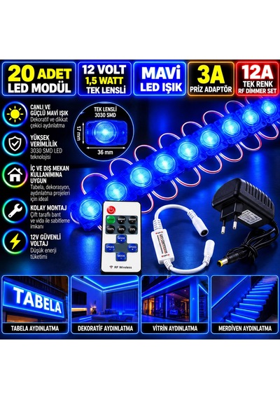 20 Adet 12v 1,5w Tek Lensli 3030 Mavi Led Modül 3a Priz Adaptör 12a Tek Renk Rf Dimmer Set