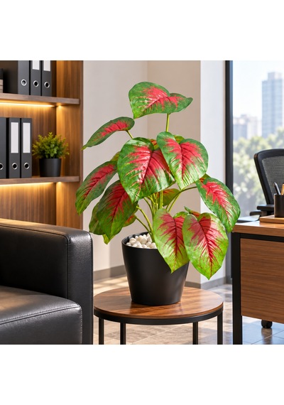 Yapay Islak Doku Caladium Bitkisi 50cm Kırmızı Yeşil Saksılı