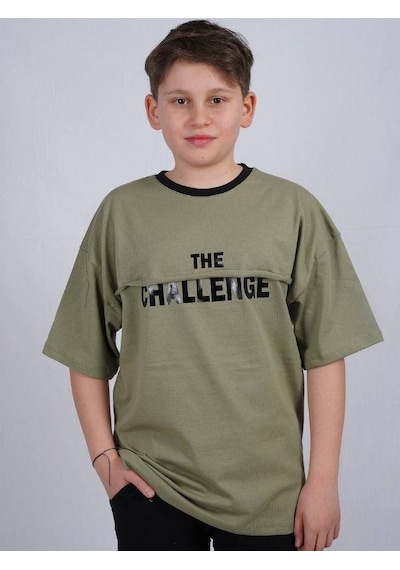 Ekkokids Çocuk Challenge Yazılı Pamuklu T-shirt-16022 Haki