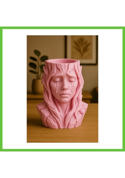 Bezos 3d Baskı Ağlayan Kadın Büst Saksı - Sanatsal Dekoratif Saksı - Pembe Dmc