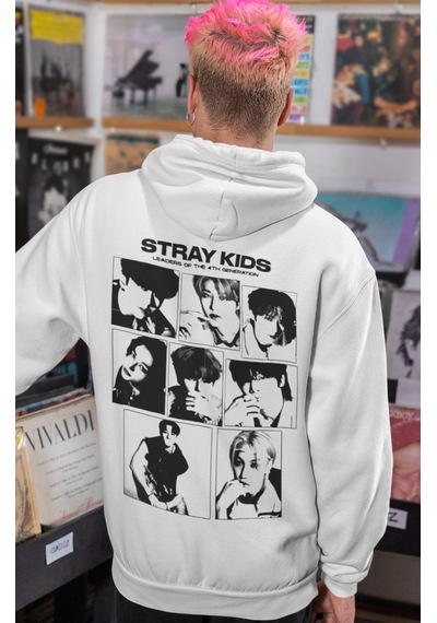 Sevbano Stray Kids Müzik Grubu Sırt Baskılı Unisex Oversize Penye Hoodie beyaz