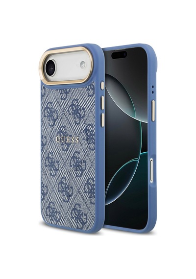 Apple Uyumlu iPhone 17 Air Kılıf Guess Lisanslı M-safe Şarjlı Gold Kamera Çerçeveli Pu Deri Yazı Logolu Mavi Mavi
