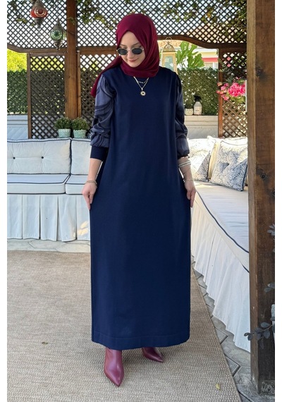 Rabia Şamlı Ebru Cupra Detaylı Triko Elbise Lacivert Normal
