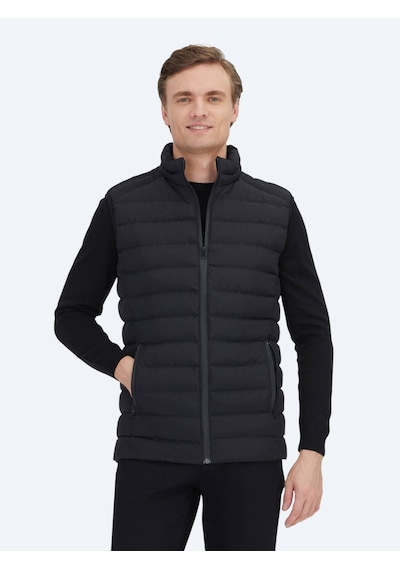 Kip Siyah Dik Yaka Casual Dokuma Spor Yelek Siyah