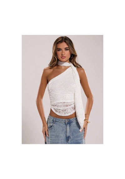 Meren Like Your Style Dantel Detaylı Tek Omuz Şal Detaylı Tek Omuz Crop Bluz Beyaz